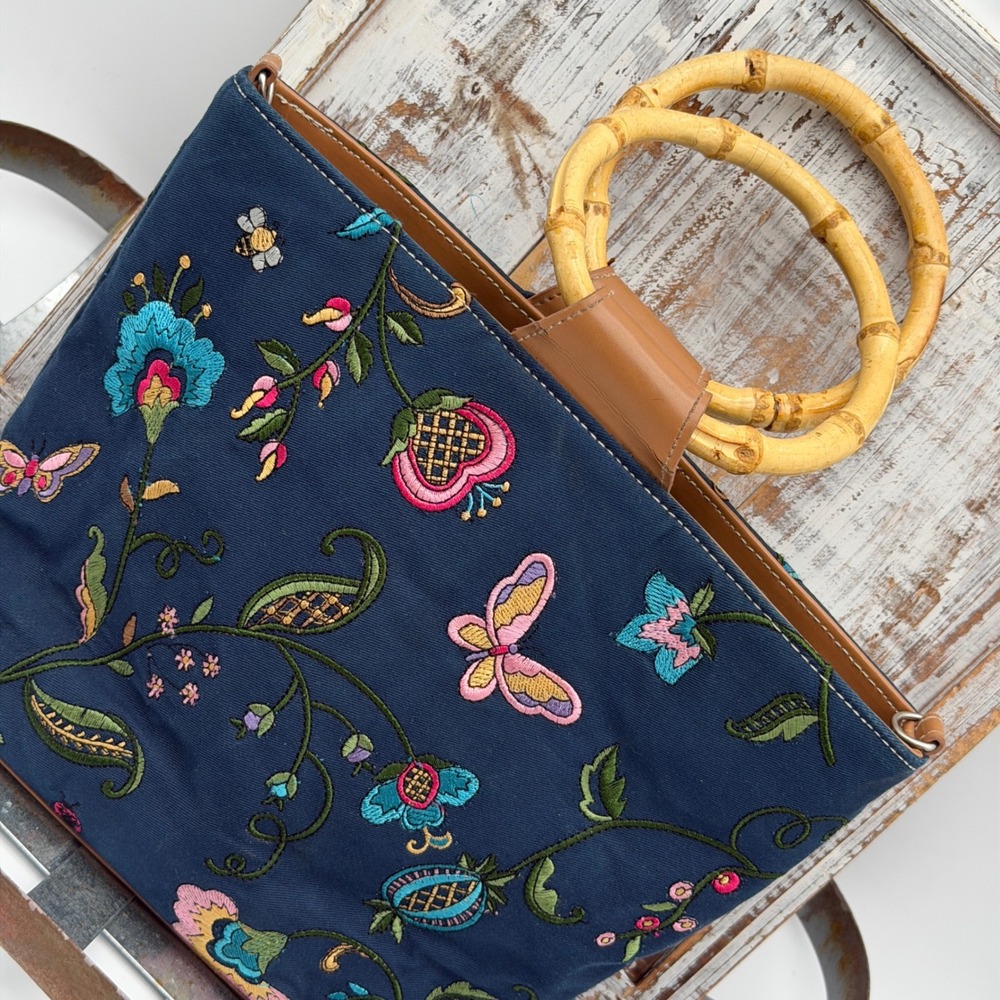 Bueno Navy Blue Canvas Embroidered Floral Butterfly Bamboo Handle Tote Bag‎